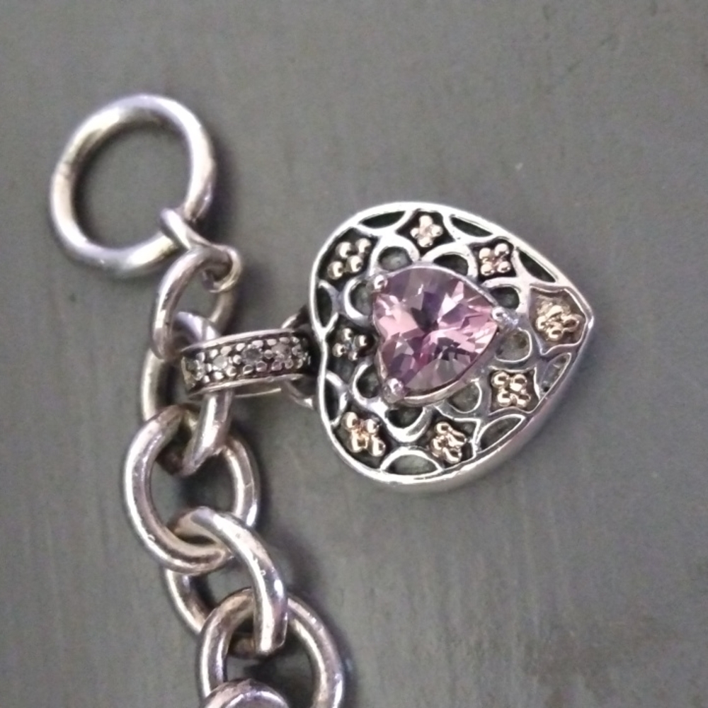 Sadye L Vassir 14 k & Sterling Designer  Diamond & Pink Sapphire Heart Bracelet - Picture 3 of 5